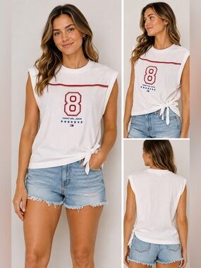 Vintage Tommy Hilfiger Tommy Girl Jeans Tank Top L Flag Logo Y2K 90s Tie Hem